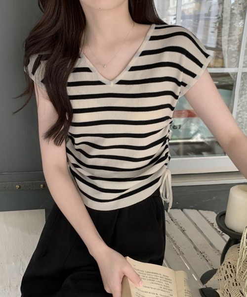 Miniministore(ミニミニストア)の「サマーニット ボーダー柄 レディース夏服(Tシャツ/カットソー・レディース・ブラック/ブラック×ホワイト/ホワイト/ベージュ×ブラック/ベージュ・FREE)」の5枚目の写真