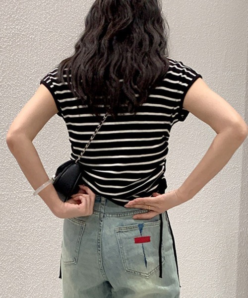 Miniministore(ミニミニストア)の「サマーニット ボーダー柄 レディース夏服(Tシャツ/カットソー・レディース・ブラック/ブラック×ホワイト/ホワイト/ベージュ×ブラック/ベージュ・FREE)」の11枚目の写真