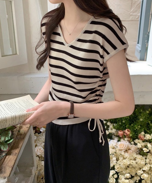 Miniministore(ミニミニストア)の「サマーニット ボーダー柄 レディース夏服(Tシャツ/カットソー・レディース・ブラック/ブラック×ホワイト/ホワイト/ベージュ×ブラック/ベージュ・FREE)」の13枚目の写真