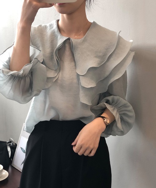 COCOMOMO（ココモモ）の「フリルカラー シフォンブラウス キャンディースリーブ シアーブラウス（シャツ/ブラウス・レディース・ホワイト/ライトブルー/ピンク/ライトグリーン・L/M）」の13枚目の写真