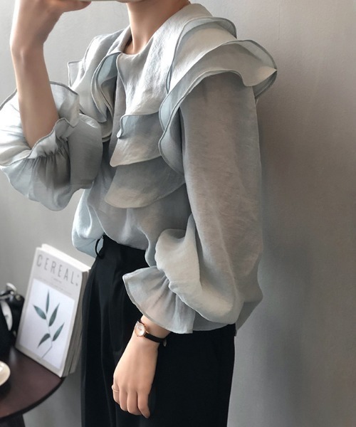 COCOMOMO（ココモモ）の「フリルカラー シフォンブラウス キャンディースリーブ シアーブラウス（シャツ/ブラウス・レディース・ホワイト/ライトブルー/ピンク/ライトグリーン・L/M）」の14枚目の写真