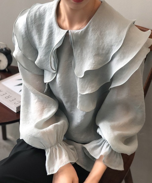 COCOMOMO（ココモモ）の「フリルカラー シフォンブラウス キャンディースリーブ シアーブラウス（シャツ/ブラウス・レディース・ホワイト/ライトブルー/ピンク/ライトグリーン・L/M）」の15枚目の写真
