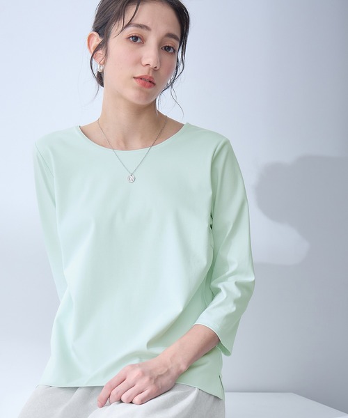 A/C DESIGN BY ALPHA CUBIC(エーシーデザインバイアルファキュービック)の「【接触冷感】七分袖Tシャツ(Tシャツ/カットソー・レディース・ブラック/グリーン・M/L)」の1枚目の写真