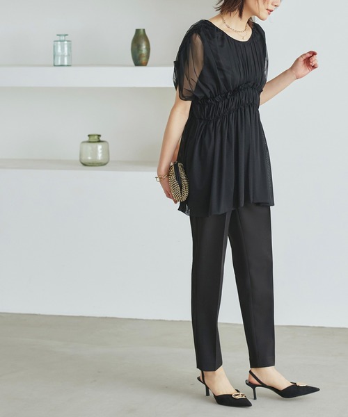RUIRUE BOUTIQUE（ルイルエブティック）の「【オケージョン対応】シャーリングチュールトップス＆テーパードパンツセット 結婚式 お呼ばれ パーティードレス 美脚効果（パンツドレス・レディース・ピンクベージュ/ブラック/チャコール・S/M/L/LL/3L）」の7枚目の写真