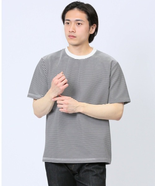 TAKA-Q（タカキュー）の「【ストレッチ】タカキュー リップルマイクロボーダー クルー半袖Tシャツ（Tシャツ/カットソー・メンズ・ライトグレー/ブラウン/ネイビー・MEDIUM/LARGE/X-LARGE）」の3枚目の写真