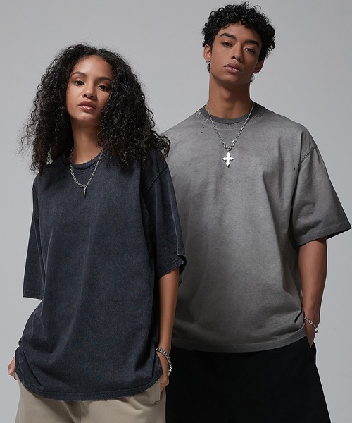 セール】ダメージ加工 オーバーサイズ 無地 半袖Tシャツ（T