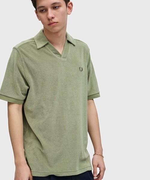 RRL 美品 ヘリンボーン オープンカラー ポロシャツ プルオーバー オリーブ FRED PERRY（フレッドペリー）の「Open Collar Towelling Polo