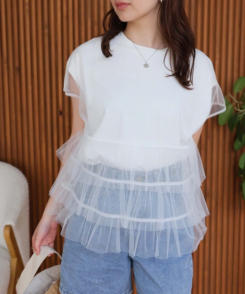 Doula Doula(ドゥーラドゥーラ)の「マルチway レイヤードチュール&Tシャツ 2点セット(Tシャツ/カットソー・レディース・ベージュ/ホワイト/チャコール/ブルー・L/M)」の2枚目の写真