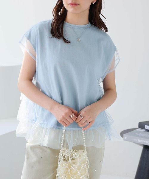 Doula Doula(ドゥーラドゥーラ)の「マルチway レイヤードチュール&Tシャツ 2点セット(Tシャツ/カットソー・レディース・ベージュ/ホワイト/チャコール/ブルー・L/M)」の4枚目の写真