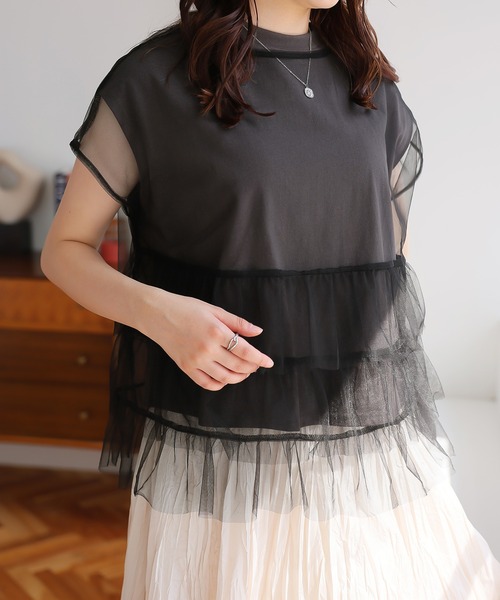 Doula Doula(ドゥーラドゥーラ)の「マルチway レイヤードチュール&Tシャツ 2点セット(Tシャツ/カットソー・レディース・ベージュ/ホワイト/チャコール/ブルー・L/M)」の6枚目の写真