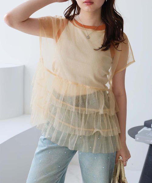 Doula Doula(ドゥーラドゥーラ)の「マルチway レイヤードチュール&Tシャツ 2点セット(Tシャツ/カットソー・レディース・ベージュ/ホワイト/チャコール/ブルー・L/M)」の12枚目の写真