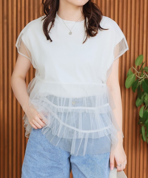Doula Doula(ドゥーラドゥーラ)の「マルチway レイヤードチュール&Tシャツ 2点セット(Tシャツ/カットソー・レディース・ベージュ/ホワイト/チャコール/ブルー・L/M)」の20枚目の写真