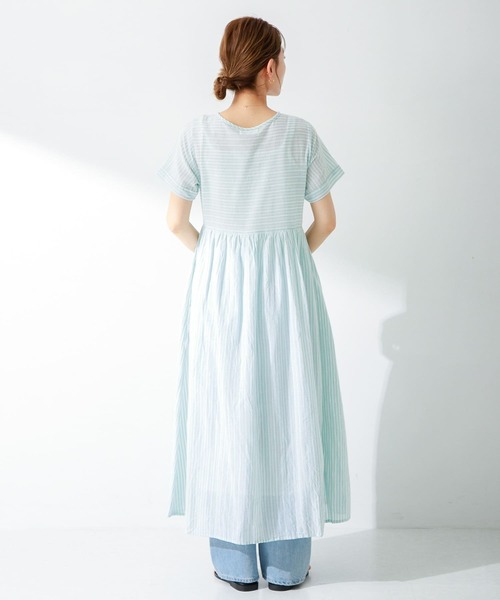 spunホームスパン ブルーストライプ コットンワンピース FREE homspun コットンリネン 七分袖ワンピース ブルーストライプ