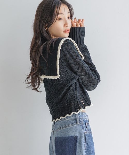 LOWRYS FARM（ローリーズファーム）の「ＢＩＧカラーレーシーニットＬＳ　133791（ニット/セーター・レディース・アイボリー/ブラック/ブラウン・FREE）」の4枚目の写真