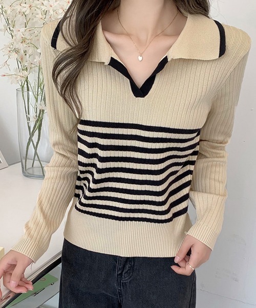 Miniministore(ミニミニストア)の「ポロカラーボーダーニットトップスVネック(ニット/セーター・レディース・オリーブ/ブラック/ベージュ/ホワイト・FREE)」の3枚目の写真