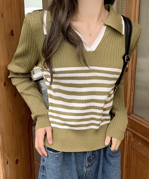 Miniministore(ミニミニストア)の「ポロカラーボーダーニットトップスVネック(ニット/セーター・レディース・オリーブ/ブラック/ベージュ/ホワイト・FREE)」の4枚目の写真