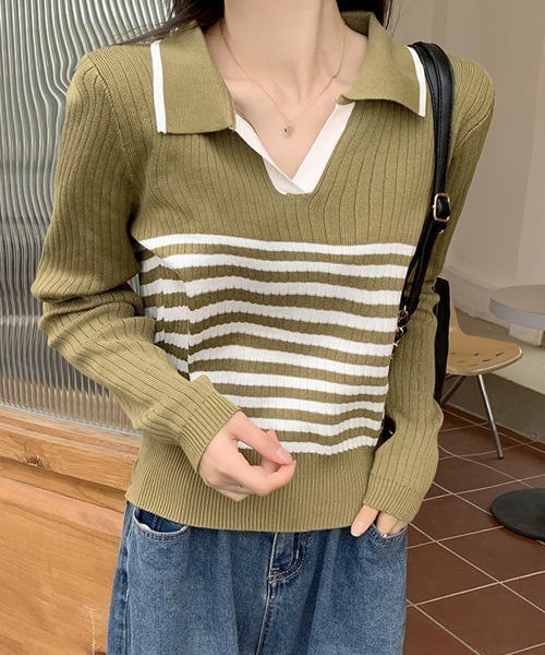Miniministore(ミニミニストア)の「ポロカラーボーダーニットトップスVネック(ニット/セーター・レディース・オリーブ/ブラック/ベージュ/ホワイト・FREE)」の10枚目の写真