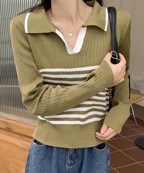 Miniministore(ミニミニストア)の「ポロカラーボーダーニットトップスVネック(ニット/セーター・レディース・オリーブ/ブラック/ベージュ/ホワイト・FREE)」の11枚目の写真