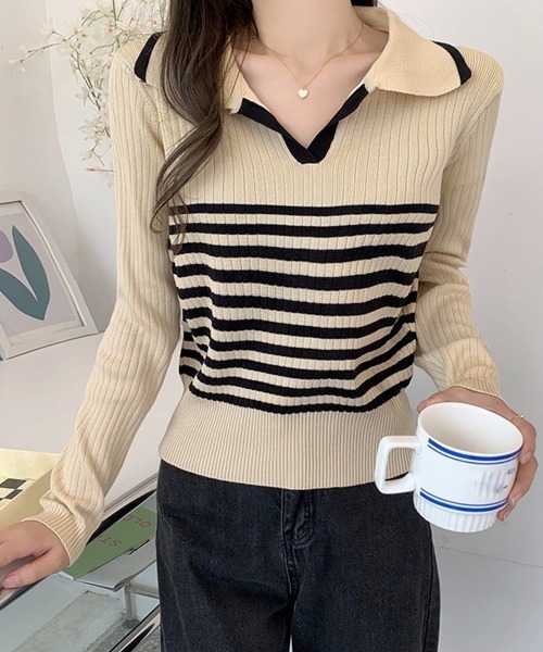 Miniministore(ミニミニストア)の「ポロカラーボーダーニットトップスVネック(ニット/セーター・レディース・オリーブ/ブラック/ベージュ/ホワイト・FREE)」の12枚目の写真