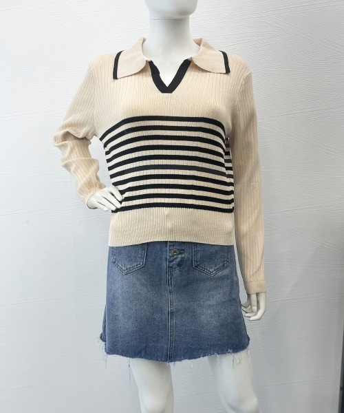 Miniministore(ミニミニストア)の「ポロカラーボーダーニットトップスVネック(ニット/セーター・レディース・オリーブ/ブラック/ベージュ/ホワイト・FREE)」の14枚目の写真
