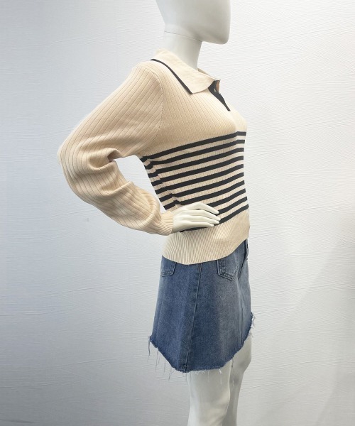 Miniministore(ミニミニストア)の「ポロカラーボーダーニットトップスVネック(ニット/セーター・レディース・オリーブ/ブラック/ベージュ/ホワイト・FREE)」の15枚目の写真