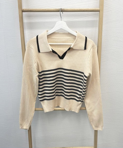 Miniministore(ミニミニストア)の「ポロカラーボーダーニットトップスVネック(ニット/セーター・レディース・オリーブ/ブラック/ベージュ/ホワイト・FREE)」の17枚目の写真