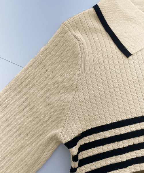 Miniministore(ミニミニストア)の「ポロカラーボーダーニットトップスVネック(ニット/セーター・レディース・オリーブ/ブラック/ベージュ/ホワイト・FREE)」の20枚目の写真