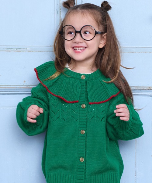 A BOND（アボンド）の「【おうちで洗える】フリルカラーニットカーディガン（カーディガン/ボレロ・キッズ・ライトピンク/グリーン・S/M/L/LL）」の2枚目の写真