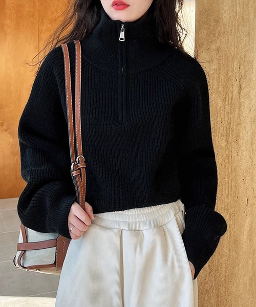 SpRay（スプレイ）の「畦クロップドハーフジップニット（ニット/セーター・レディース・ブラック/ブラウン/グレー/レッド/アイボリー・FREE）」の3枚目の写真