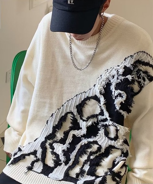 link lot（リンクロット）の「クラッシュデザインオーバーサイズニット（ニット/セーター・メンズ・ホワイト/ブラック/グレー・L/M）」の2枚目の写真