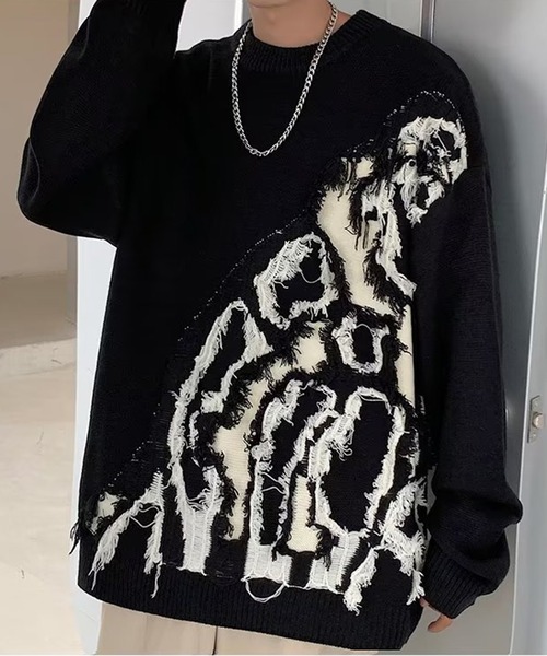 link lot（リンクロット）の「クラッシュデザインオーバーサイズニット（ニット/セーター・メンズ・ホワイト/ブラック/グレー・L/M）」の3枚目の写真