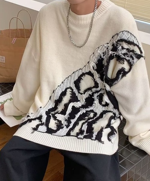 link lot（リンクロット）の「クラッシュデザインオーバーサイズニット（ニット/セーター・メンズ・ホワイト/ブラック/グレー・L/M）」の8枚目の写真