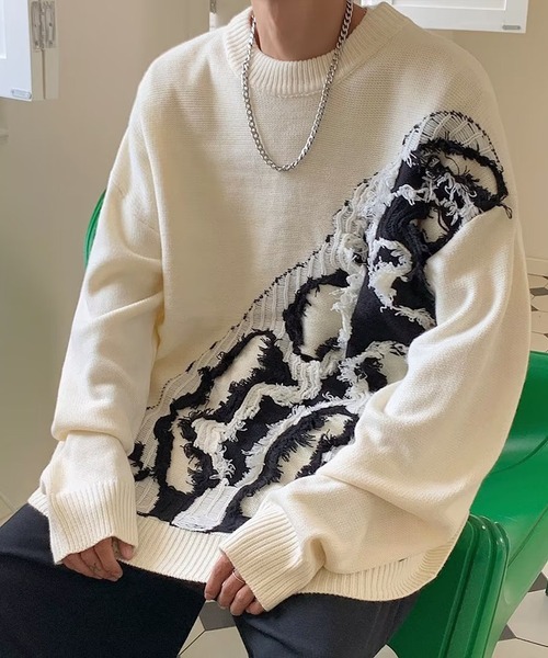 link lot（リンクロット）の「クラッシュデザインオーバーサイズニット（ニット/セーター・メンズ・ホワイト/ブラック/グレー・L/M）」の9枚目の写真