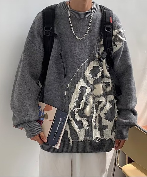 link lot（リンクロット）の「クラッシュデザインオーバーサイズニット（ニット/セーター・メンズ・ホワイト/ブラック/グレー・L/M）」の10枚目の写真