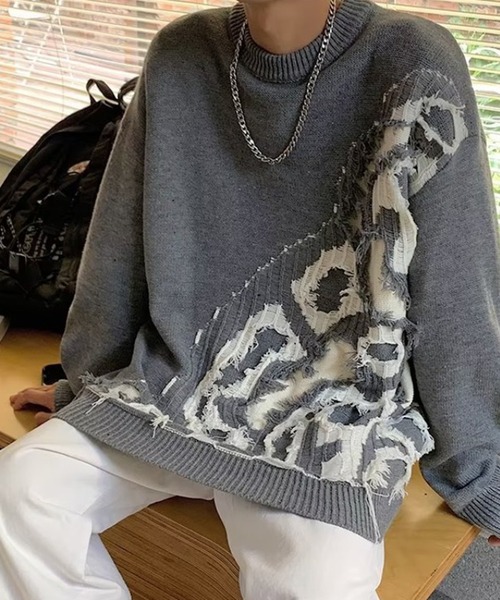 link lot（リンクロット）の「クラッシュデザインオーバーサイズニット（ニット/セーター・メンズ・ホワイト/ブラック/グレー・L/M）」の12枚目の写真