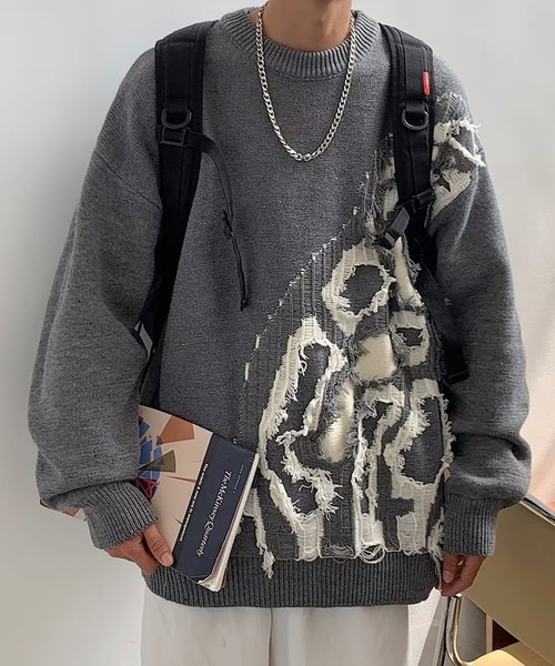 link lot（リンクロット）の「クラッシュデザインオーバーサイズニット（ニット/セーター・メンズ・ホワイト/ブラック/グレー・L/M）」の13枚目の写真