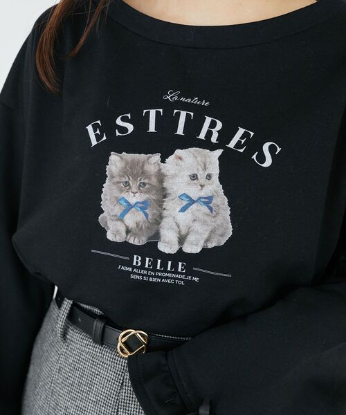 MAJESTIC LEGON（マジェスティックレゴン）の「ネコプリントミニ裏毛トップス（Tシャツ/カットソー・レディース・ブラック/オフホワイト/グレー・MEDIUM）」の2枚目の写真