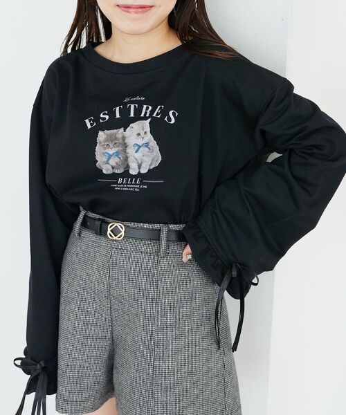 MAJESTIC LEGON（マジェスティックレゴン）の「ネコプリントミニ裏毛トップス（Tシャツ/カットソー・レディース・ブラック/オフホワイト/グレー・MEDIUM）」の22枚目の写真