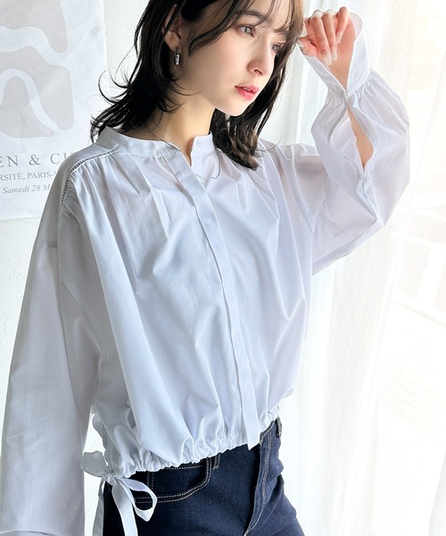 classicalelf(クラシカルエルフ)の「愛らしさと清楚感を両立する、リボンヘムクロップドギャザー長袖ストライプブラウス(ショート丈)(シャツ/ブラウス・レディース・チャコール/ベージュ系その他/ブラック系その他/オフホワイト・MEDIUM/LARGE/X-LARGE/SMALL)」の9枚目の写真