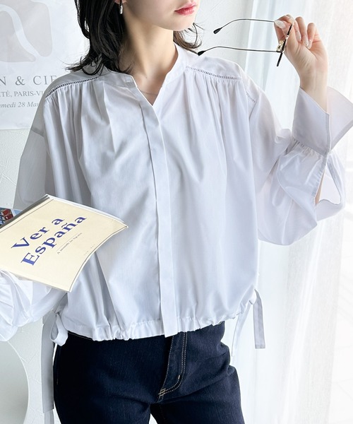 classicalelf(クラシカルエルフ)の「愛らしさと清楚感を両立する、リボンヘムクロップドギャザー長袖ストライプブラウス(ショート丈)(シャツ/ブラウス・レディース・チャコール/ベージュ系その他/ブラック系その他/オフホワイト・MEDIUM/LARGE/X-LARGE/SMALL)」の13枚目の写真