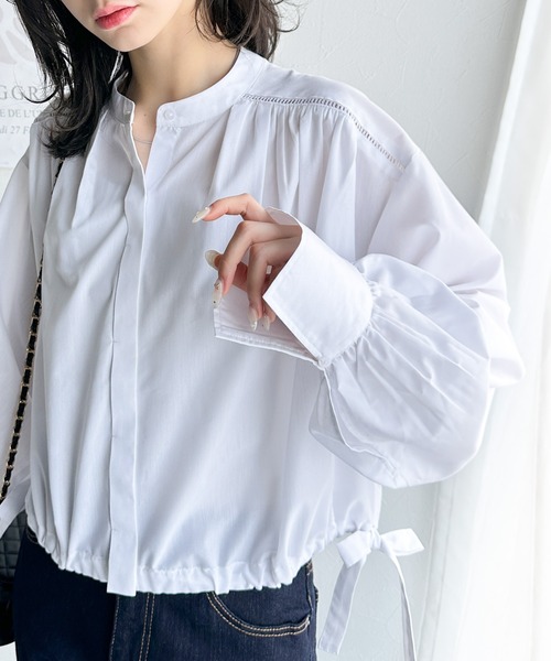 classicalelf(クラシカルエルフ)の「愛らしさと清楚感を両立する、リボンヘムクロップドギャザー長袖ストライプブラウス(ショート丈)(シャツ/ブラウス・レディース・チャコール/ベージュ系その他/ブラック系その他/オフホワイト・MEDIUM/LARGE/X-LARGE/SMALL)」の10枚目の写真