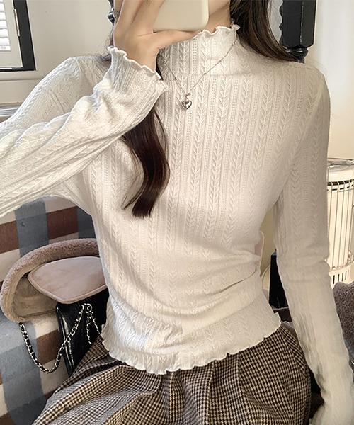 Ulysses（ユリシス）の「メロウフリルハイネックニット（ニット/セーター・レディース・ブラック/オフホワイト/グレー・F）」の6枚目の写真