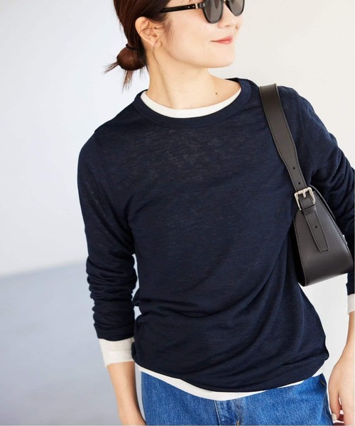 SLOBE IENA（スローブイエナ）の「《追加》スラブ天竺クルーネックロンTEE（Tシャツ/カットソー・レディース・ネイビー/ホワイト/ピンク/サックスブルー・FREE）」の3枚目の写真