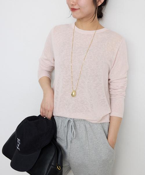 SLOBE IENA（スローブイエナ）の「《追加》スラブ天竺クルーネックロンTEE（Tシャツ/カットソー・レディース・ネイビー/ホワイト/ピンク/サックスブルー・FREE）」の4枚目の写真