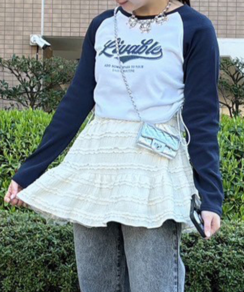 Mi-je(ミジェ)の「シャーリングラグランロンT【韓国ファッション】(Tシャツ/カットソー・レディース・ブラック/オフホワイト・F)」の1枚目の写真