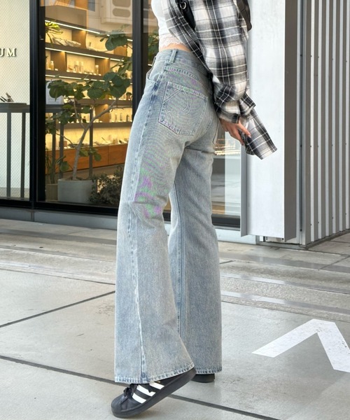 raycassin ウエスト調節可フレアデニムパンツ M セール】【ウエスト調節可/2サイズ展開】フレアデニムパンツ