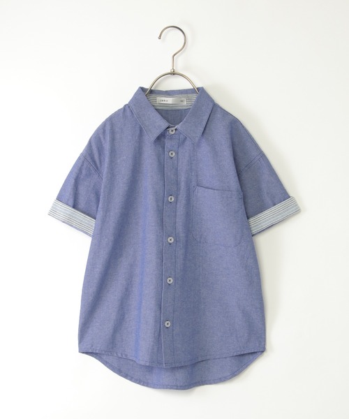 ikka（イッカ）の「【親子コーデ】シャンブレー5分袖シャツ（120~160cm）（シャツ/ブラウス・キッズ・ブルー/チャコールグレー・160/150/140/130/120）」の2枚目の写真
