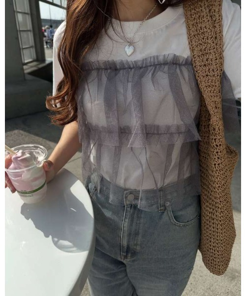 Honeys(ハニーズ)の「ビスチェ風チュールトップス(Tシャツ/カットソー・レディース・ホワイト×グレー/ホワイト×ピンク/ブラック/ホワイト系その他・L/LL/M/S)」の3枚目の写真