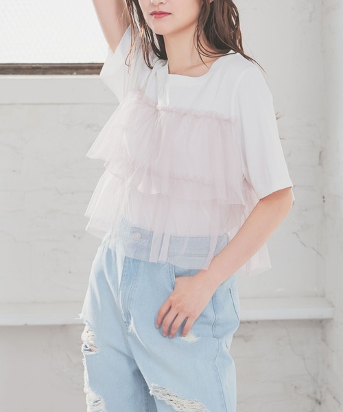 Honeys(ハニーズ)の「ビスチェ風チュールトップス(Tシャツ/カットソー・レディース・ホワイト×グレー/ホワイト×ピンク/ブラック/ホワイト系その他・L/LL/M/S)」の4枚目の写真