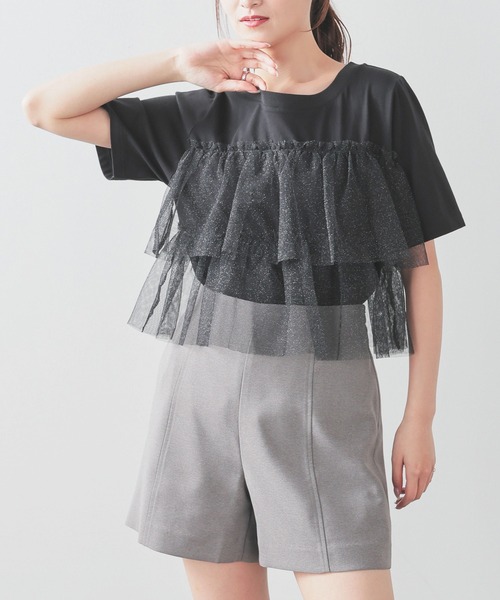 Honeys(ハニーズ)の「ビスチェ風チュールトップス(Tシャツ/カットソー・レディース・ホワイト×グレー/ホワイト×ピンク/ブラック/ホワイト系その他・L/LL/M/S)」の1枚目の写真